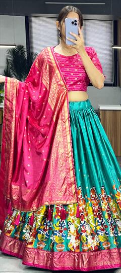 Engagement, Festive, Reception Green color Lehenga in Dolla Silk fabric with Flared Printed work : 1916137