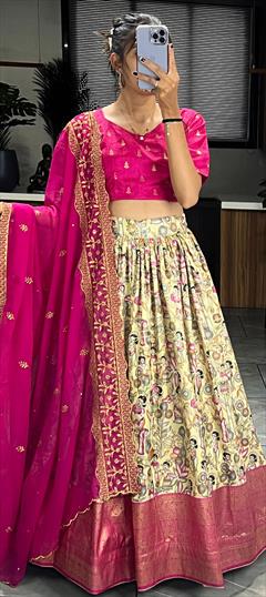Mehendi Sangeet, Reception, Wedding Pink and Majenta color Lehenga in Dolla Silk fabric with Flared Printed, Weaving work : 1916138