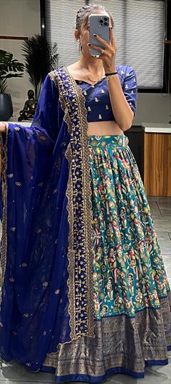 Mehendi Sangeet, Reception, Wedding Blue color Lehenga in Dolla Silk fabric with Flared Printed, Weaving work : 1916141