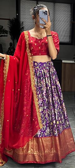 Mehendi Sangeet, Reception, Wedding Blue, Red and Maroon color Lehenga in Dolla Silk fabric with Flared Printed, Weaving work : 1916142