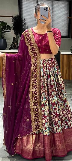Mehendi Sangeet, Reception, Wedding Purple and Violet color Lehenga in Dolla Silk fabric with Flared Printed, Weaving work : 1916143