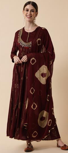 Party Wear Red and Maroon color Kurti in Rayon fabric with Anarkali, Long Sleeve Embroidered work : 1916153