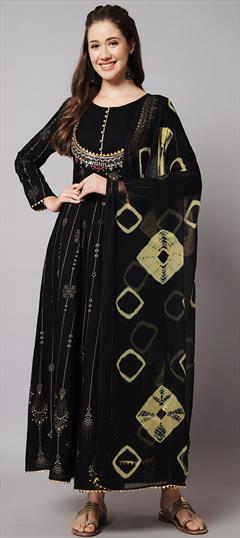 Party Wear Black and Grey color Kurti in Rayon fabric with Anarkali, Long Sleeve Embroidered, Sequence, Thread work : 1916155