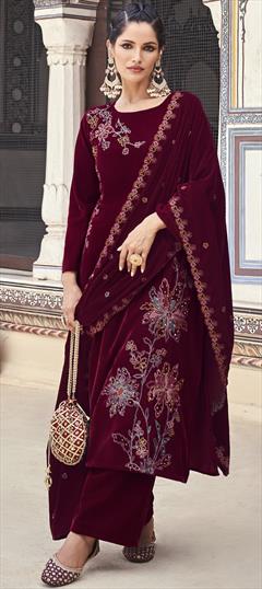 Festive, Reception, Wedding Red and Maroon color Salwar Kameez in Velvet fabric with Pakistani, Straight Resham, Sequence, Thread, Zari work : 1916164