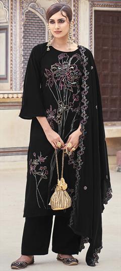 Festive, Reception, Wedding Black and Grey color Salwar Kameez in Velvet fabric with Pakistani, Straight Resham, Sequence, Thread, Zari work : 1916165