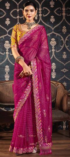 Traditional, Wedding Pink and Majenta color Saree in Silk fabric with South Embroidered, Sequence, Thread, Zari work : 1916193