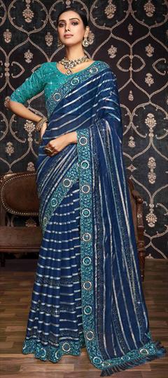 Traditional, Wedding Blue color Saree in Silk fabric with South Embroidered, Sequence, Thread, Zari work : 1916194
