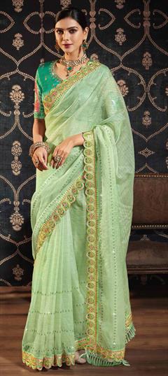 Traditional, Wedding Green color Saree in Silk fabric with South Embroidered, Sequence, Thread, Zari work : 1916195