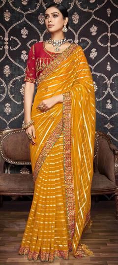 Traditional, Wedding Yellow color Saree in Silk fabric with South Embroidered, Sequence, Thread, Zari work : 1916197