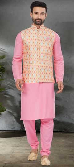 Party Wear Pink and Majenta color Kurta Pyjama with Jacket in Cotton fabric with Digital Print work : 1916300