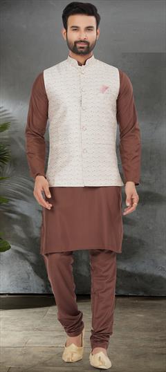 Party Wear Beige and Brown color Kurta Pyjama with Jacket in Cotton fabric with Digital Print work : 1916301