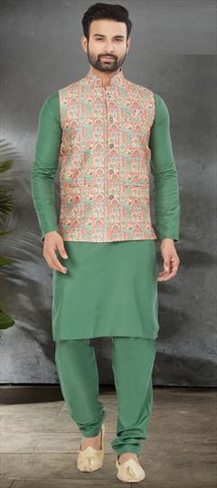 Party Wear Green color Kurta Pyjama with Jacket in Cotton fabric with Digital Print work : 1916303
