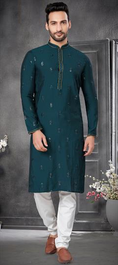 Party Wear Blue color Kurta Pyjamas in Silk cotton fabric with Embroidered, Resham, Sequence, Thread work : 1916331