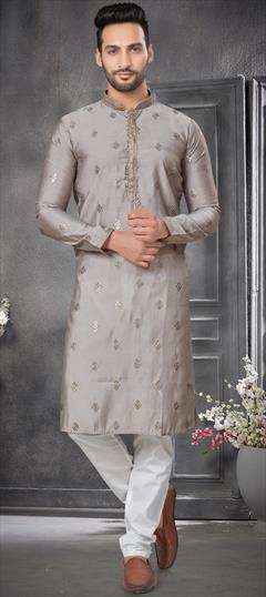 Party Wear Black and Grey color Kurta Pyjamas in Silk cotton fabric with Embroidered, Resham, Sequence, Thread work : 1916337
