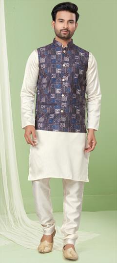 Party Wear, Wedding White and Off White color Kurta Pyjama with Jacket in Art Silk fabric with Digital Print, Sequence, Thread work : 1916359
