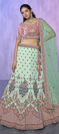 Bridal, Reception, Wedding Green color Lehenga in Georgette fabric with Flared Embroidered, Sequence, Thread work : 1916365