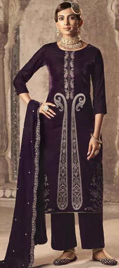 Festive, Reception, Wedding Purple and Violet color Salwar Kameez in Velvet fabric with Pakistani, Straight Resham, Thread, Zari work : 1916385