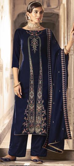Festive, Reception, Wedding Blue color Salwar Kameez in Velvet fabric with Pakistani, Straight Resham, Thread, Zari work : 1916386