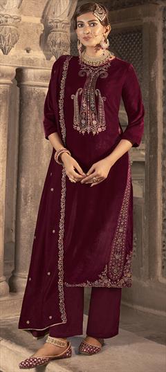 Festive, Reception, Wedding Red and Maroon color Salwar Kameez in Velvet fabric with Pakistani, Straight Resham, Thread, Zari work : 1916389