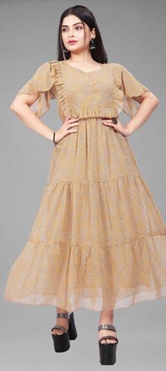 Party Wear Yellow color Kurti in Georgette fabric with A Line Printed work : 1916408