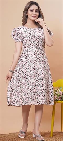 Festive, Party Wear White and Off White color Dress in Rayon fabric with Floral, Printed work : 1916426