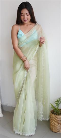 Festive, Reception, Traditional Green color Saree in Organza Silk, Silk fabric with Classic Resham, Thread work : 1916466