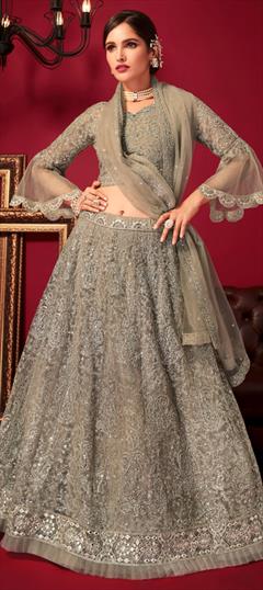 Reception, Wedding Black and Grey color Lehenga in Net fabric with Flared Embroidered, Sequence work : 1916508