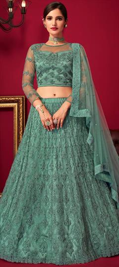 Reception, Wedding Green color Lehenga in Net fabric with Flared Embroidered, Sequence work : 1916510