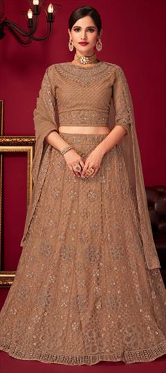 Reception, Wedding Beige and Brown color Lehenga in Net fabric with Flared Embroidered, Sequence work : 1916515