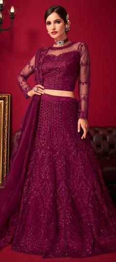 Reception, Wedding Purple and Violet color Lehenga in Net fabric with Flared Embroidered, Sequence work : 1916516