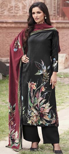 Festive, Party Wear Black and Grey color Salwar Kameez in Velvet fabric with Straight Printed work : 1916565