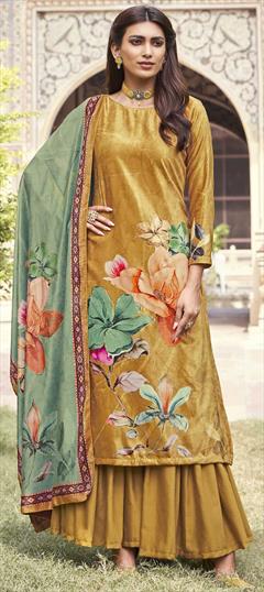 Festive, Party Wear Yellow color Salwar Kameez in Velvet fabric with Straight Printed work : 1916567