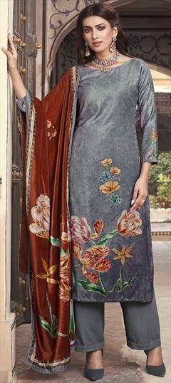 Festive, Party Wear Black and Grey color Salwar Kameez in Velvet fabric with Straight Printed work : 1916573