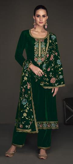 Festive, Party Wear, Reception Green color Salwar Kameez in Velvet fabric with Straight Embroidered, Resham, Sequence, Thread, Zari work : 1916584