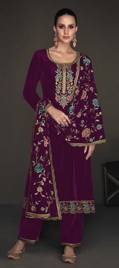 Festive, Party Wear, Reception Purple and Violet color Salwar Kameez in Velvet fabric with Straight Embroidered, Resham, Sequence, Zari work : 1916587