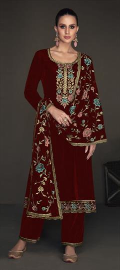 Festive, Party Wear, Reception Red and Maroon color Salwar Kameez in Velvet fabric with Straight Embroidered, Resham, Sequence, Zari work : 1916589