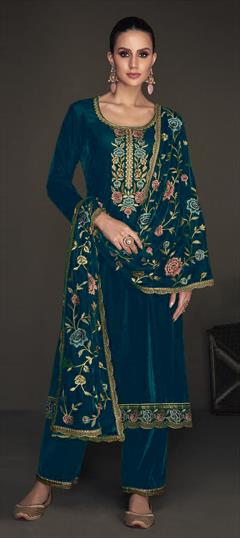 Festive, Party Wear, Reception Blue color Salwar Kameez in Velvet fabric with Straight Embroidered, Resham, Sequence, Zari work : 1916619