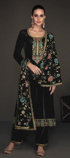Festive, Party Wear, Reception Black and Grey color Salwar Kameez in Velvet fabric with Straight Embroidered, Resham, Sequence, Zari work : 1916620