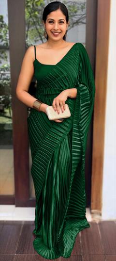Party Wear, Traditional Green color Saree in Satin Silk, Silk fabric with South Pleats work : 1916637