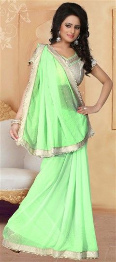Party Wear Green color Saree in Georgette fabric with Classic Lace, Moti work : 191664