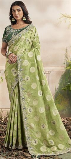 Designer, Festive, Party Wear, Traditional Green color Saree in Silk fabric with South Embroidered, Printed, Resham, Sequence, Thread work : 1916653