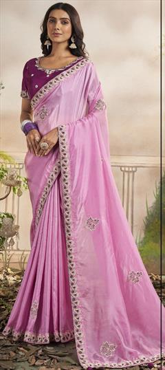 Designer, Festive, Party Wear, Traditional Pink and Majenta color Saree in Organza Silk fabric with South Embroidered, Printed, Resham, Sequence, Thread work : 1916654