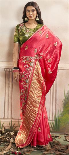Designer, Festive, Party Wear, Traditional Red and Maroon color Saree in Organza Silk fabric with South Embroidered, Printed, Resham, Sequence, Thread work : 1916655