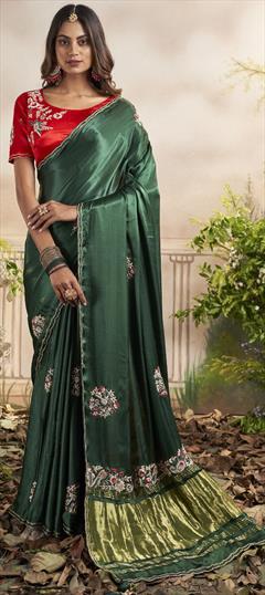 Designer, Festive, Party Wear, Traditional Green color Saree in Art Silk fabric with South Embroidered, Printed, Sequence, Thread work : 1916663