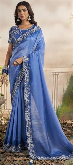 Designer, Festive, Party Wear, Traditional Blue color Saree in Organza Silk fabric with South Embroidered, Printed, Resham, Sequence, Thread work : 1916664