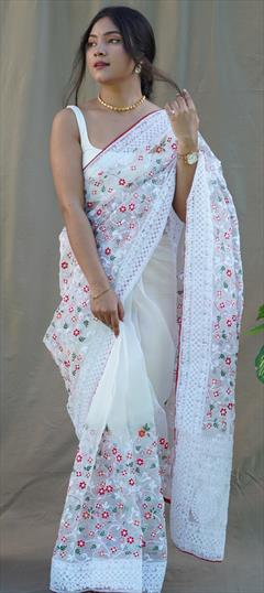 Festive, Party Wear White and Off White color Saree in Organza Silk fabric with South Embroidered, Resham, Sequence, Thread work : 1916666
