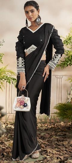 Designer, Festive, Party Wear, Traditional Black and Grey color Readymade Saree in Georgette fabric with South Embroidered, Printed, Resham, Sequence, Thread work : 1916676