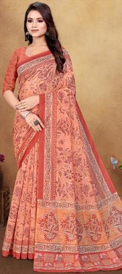Traditional Orange color Saree in Chanderi Silk fabric with South Digital Print, Floral work : 1916751