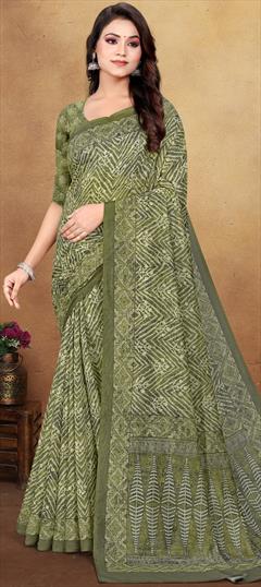 Traditional Green color Saree in Chanderi Silk fabric with South Digital Print, Floral work : 1916752