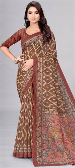 Traditional Beige and Brown color Saree in Chanderi Silk fabric with South Digital Print, Floral work : 1916753